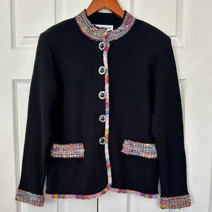 Vintage Cardigan Sweater The Michael Collection Black Rainbow Boucle Trim Size M